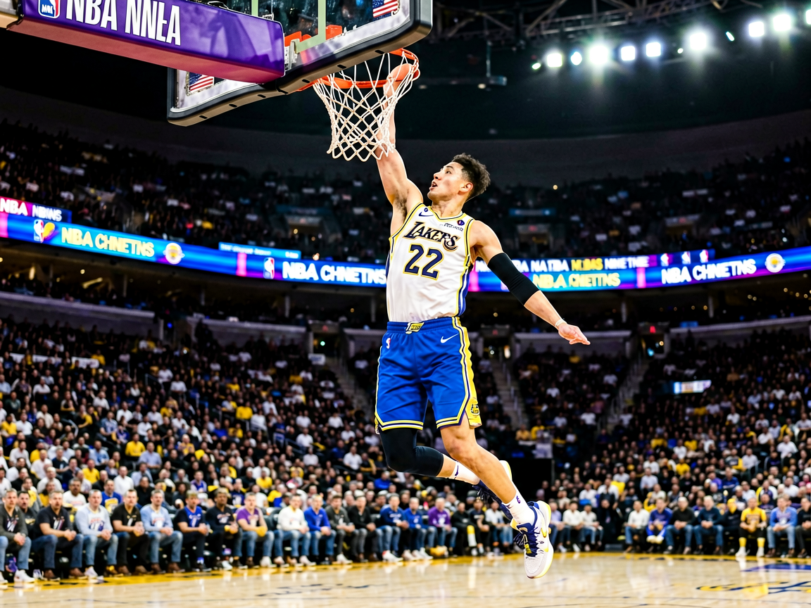 NBA常规赛精彩扣篮瞬间,球员空中接力暴扣,球场灯光聚焦篮下